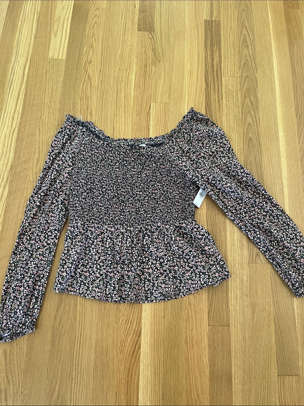 Old Navy Black and Pink Smocked Long-Sleeve Peplum Top